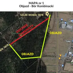 Mapa objazdu Szlaku Wokół Tatr. Zamknięty odcinek i proponowana trasa objazdu.