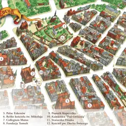 Mapa Torunia z zaznaczonymi zabytkami, idealna do planowania, co zwiedzić w Toruniu. Zobacz Ratusz, Katedrę i Pomnik Kopernika.