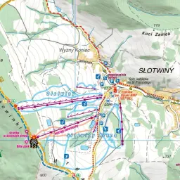 Mapa turystyczna okolic Krynicy-Zdroju. Widoczne stoki narciarskie, wyciągi, ścieżka w koronach drzew, bike park i szlaki górskie.