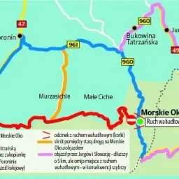 Mapa pokazuje objazdy z Zakopanego do Morskiego Oka. Czy szlak na Morskie Oko jest otwarty? Sprawdź objazd przez Bukowinę Tatrzańską lub dłuższy przez Słowację.