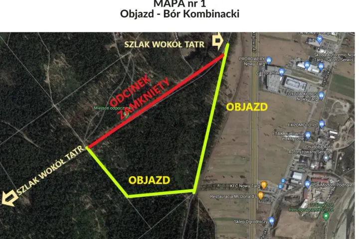 Mapa objazdu Szlaku Wokół Tatr. Zamknięty odcinek i proponowana trasa objazdu.