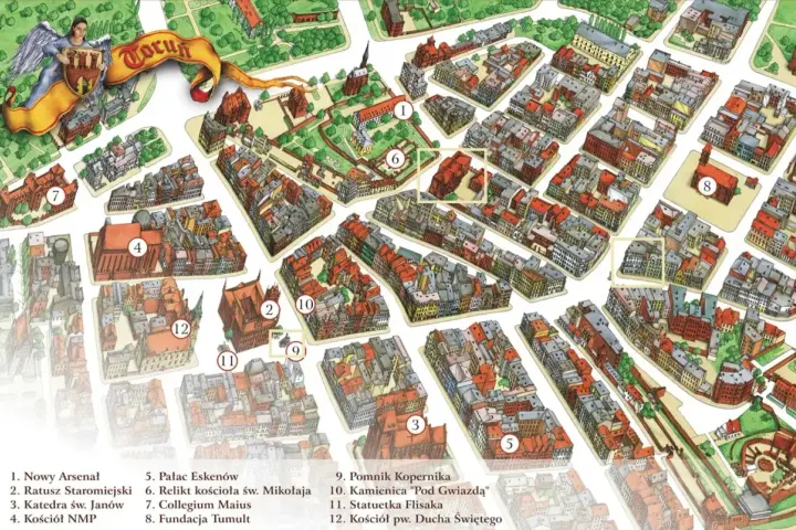 Mapa Torunia z zaznaczonymi zabytkami, idealna do planowania, co zwiedzić w Toruniu. Zobacz Ratusz, Katedrę i Pomnik Kopernika.